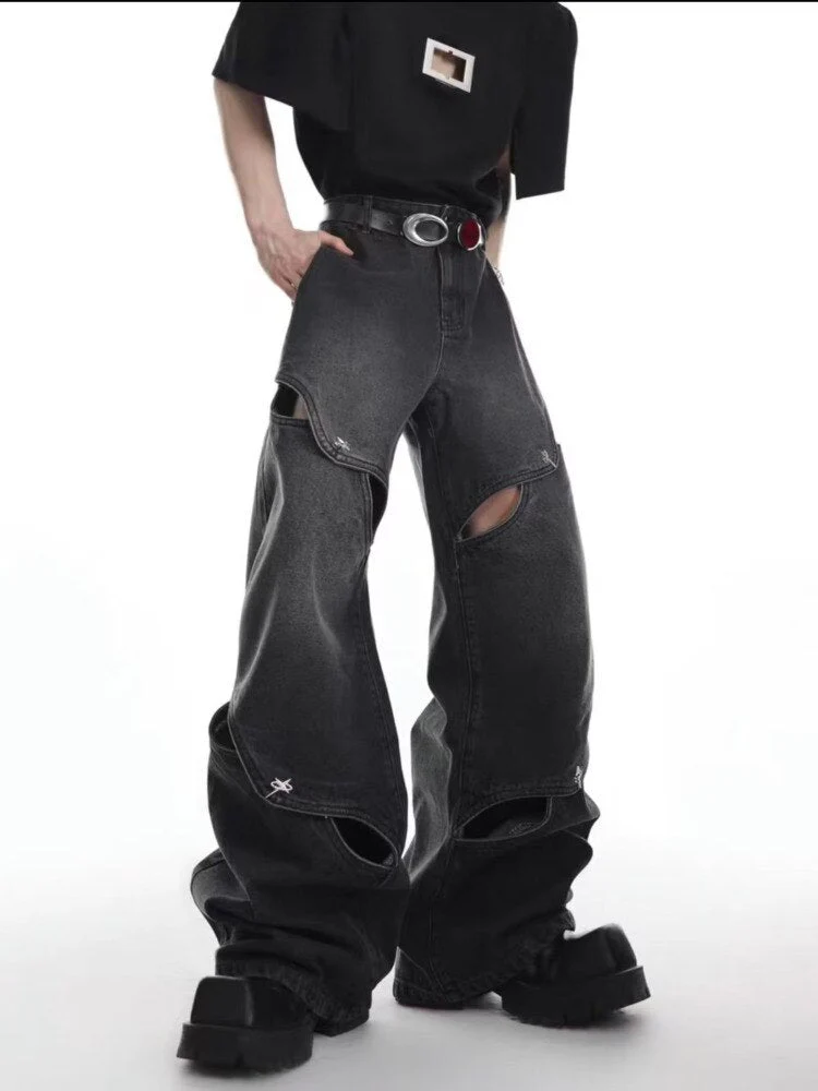 deanwangkt Small crowd deconstruction design sense jeans, high street wide leg pants, high-end floor long pants, trendy brand women's jeans - Deanwangkt