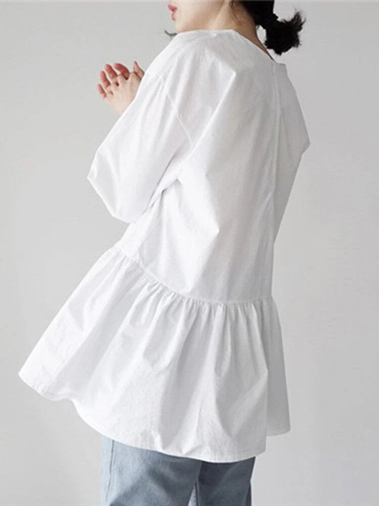 deanwangkt O-Neck Pleated Back Zipper Solid Blouse For Women - Deanwangkt