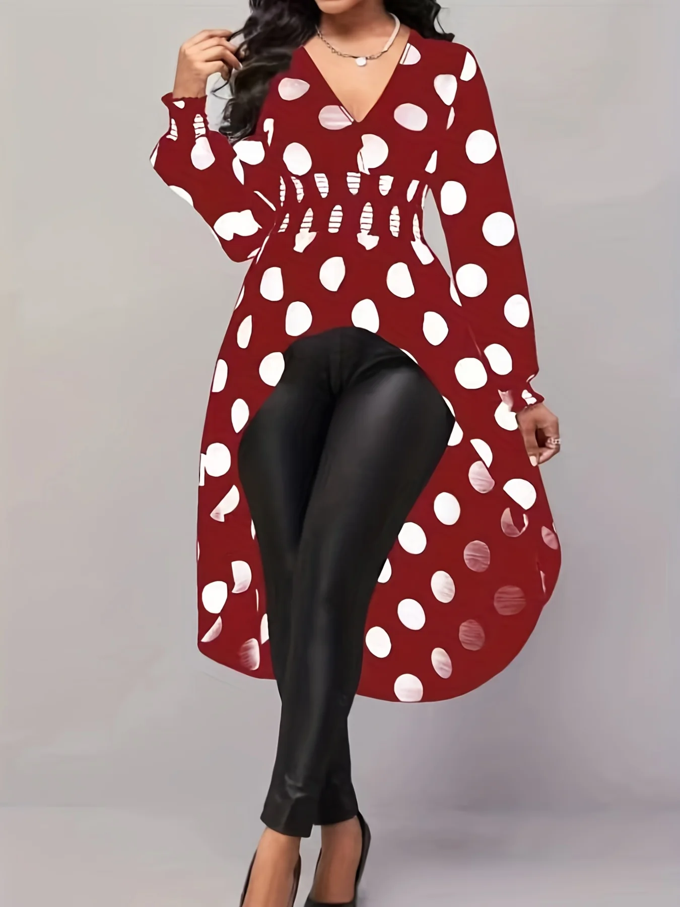 Asymmetrical Polka Dot Blouse, Long Sleeve V-neck Blouse, Casual Every Day Tops, Women's Clothing - Deanwangkt
