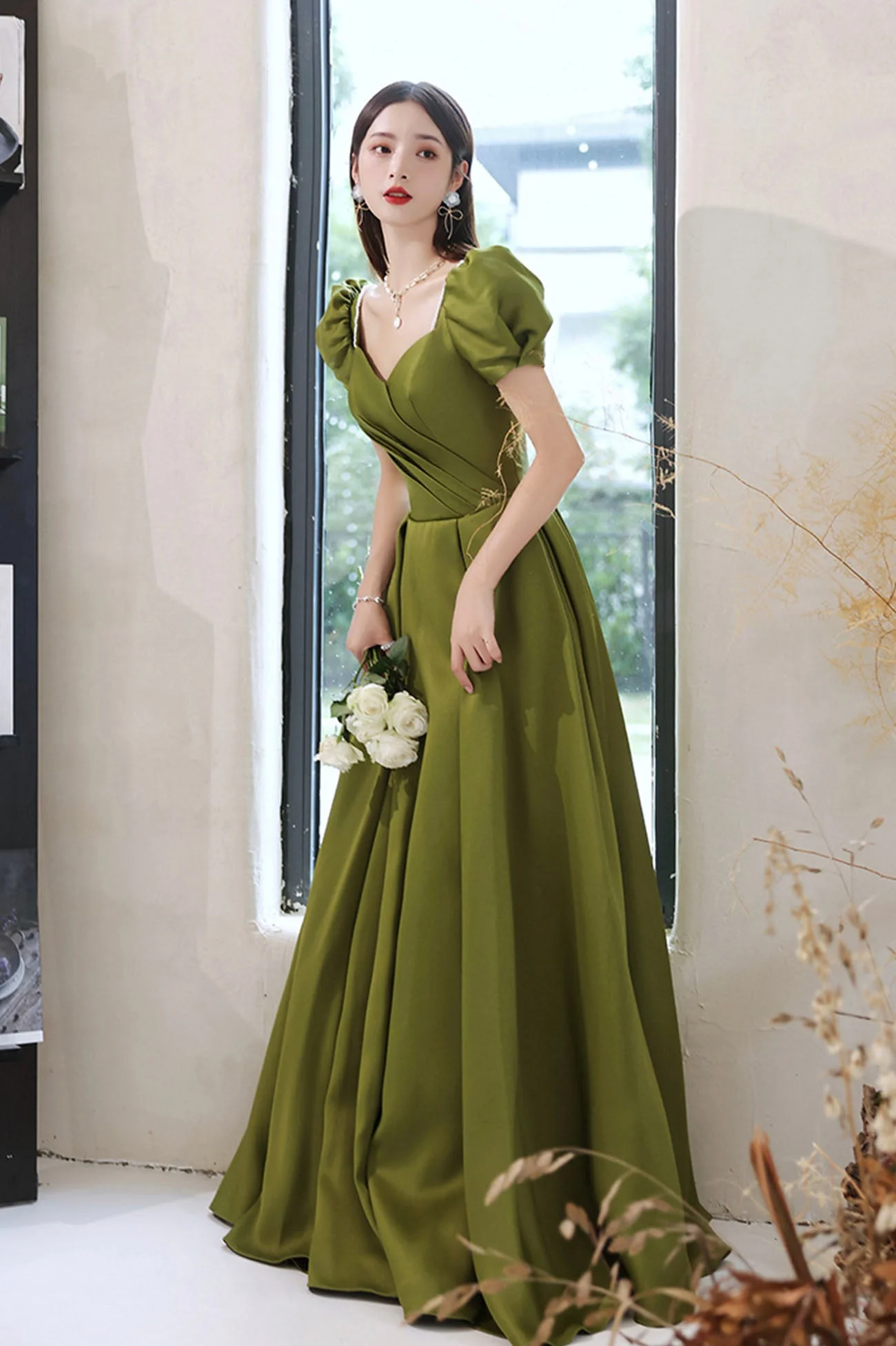 solvbao Green Saitn Long Prom Dresses, A-Line Evening Dresses - Deanwangkt