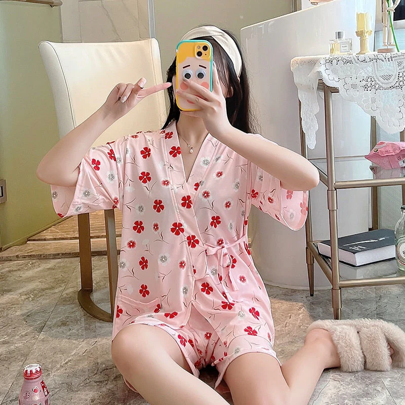 deanwangkt Summer Short pink Pajamas For Women Cute Girl Sleepwear Kimono Pajama Sets Pyjamas Casual Sleepwear Homewear Lounge Fashion - Deanwangkt