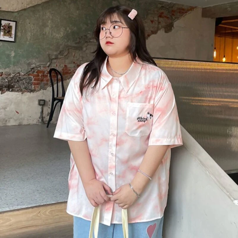 deanwangkt Women Plus Size Shirt Kawaii Print Cute Harajuku Polo Collar Blouses Oversize Korean Casual Pink Tops Unisex Clothes - Deanwangkt