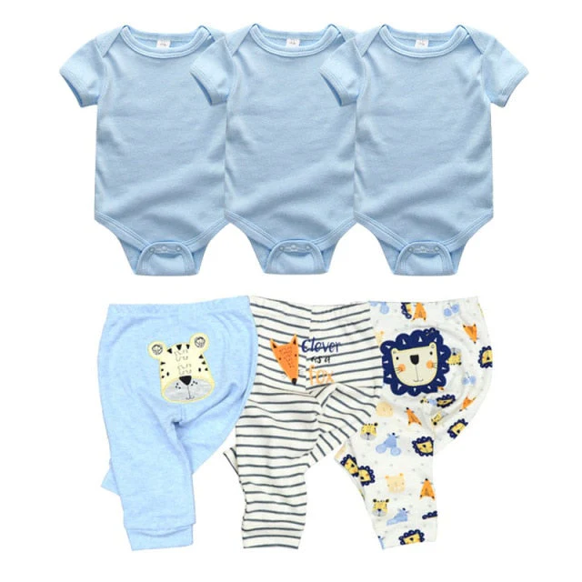 6/9PCS Baby Girl Clothes Newborn Unisex Solid Bodysuits+Pants Cotton Baby Boy Clothes Short Sleeve Girls Baby Clothing Cartoon - Deanwangkt