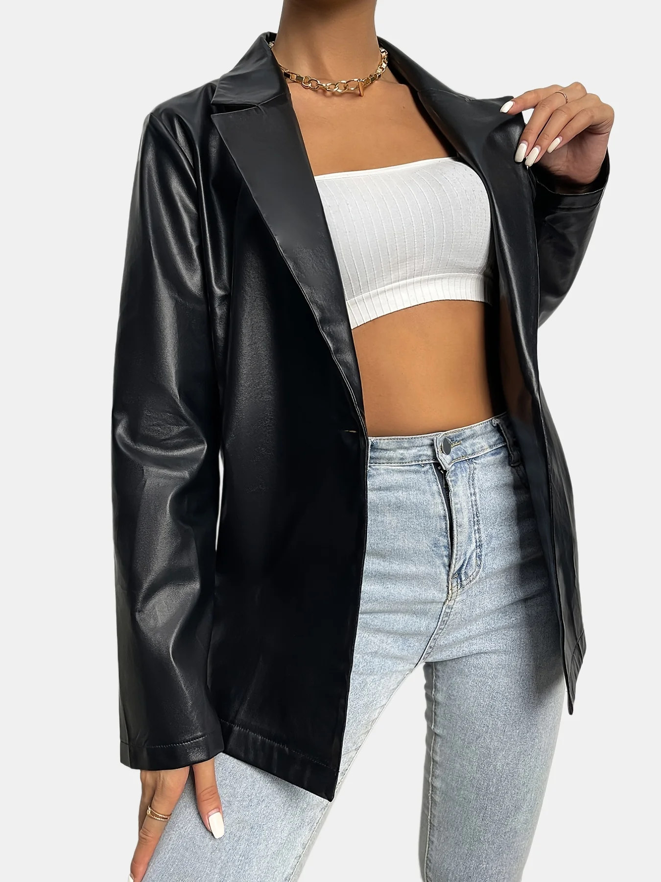 deanwangkt-1  Solid Lapel Faux Leather Long Sleeve Jacket, Elegant Open Front Stylish Outerwear, Women's Clothing - Deanwangkt