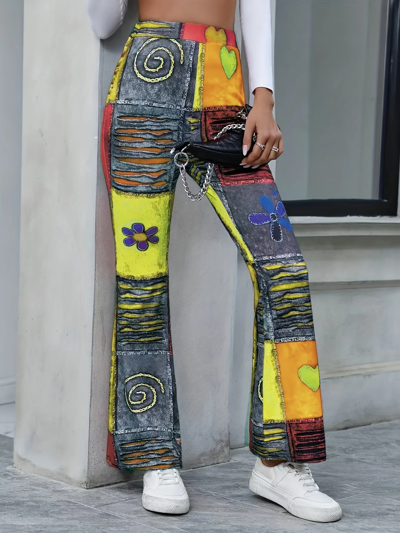 deanwangkt-1  Y2K Graphic Print Flare Leg Pants, Hippie Color Block Pants For Spring & Summer, Women's Clothing - Deanwangkt