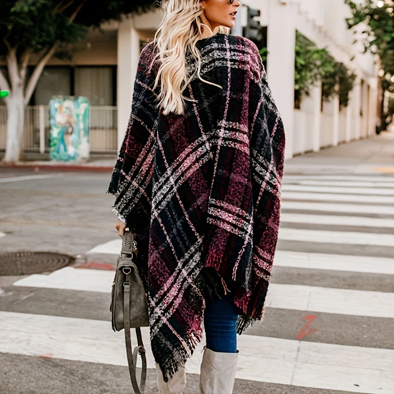 Classic Tartan Fringe Shawl Vintage Striped Plaid Open Front Poncho Capel Autumn Winter Travel Coldproof Knitted Cardigan Shawl - Deanwangkt