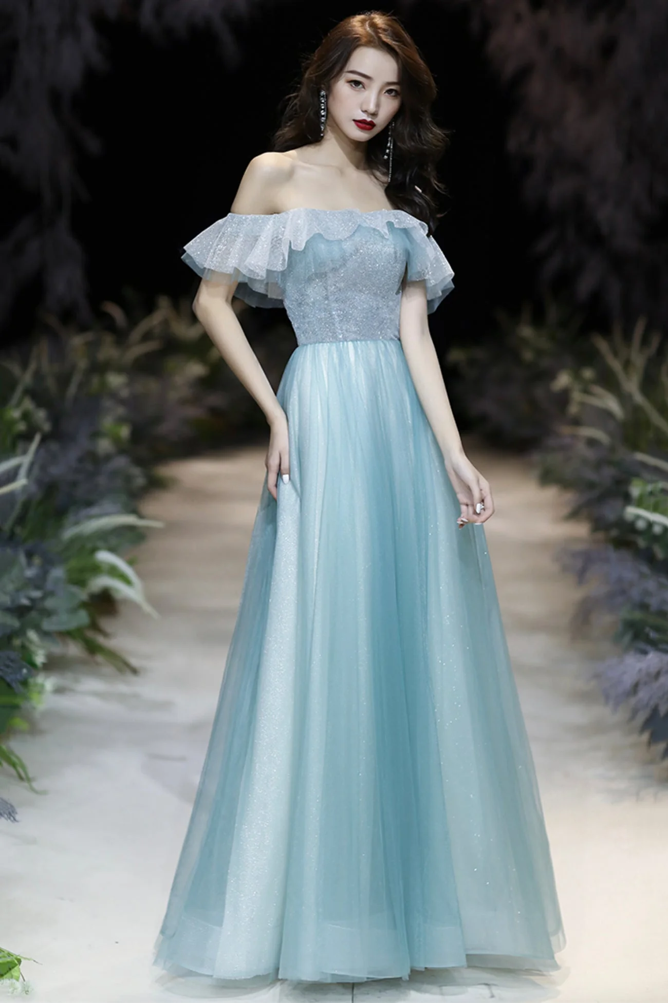 solvbao A-Line Tulle Long Prom Dress, Off the Shoulder Evening Dress - Deanwangkt