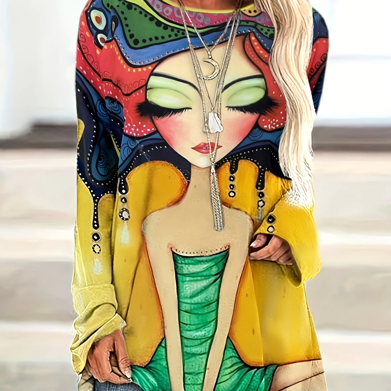 Plus Size Casual Top, Women's Plus Cartoon Figure Print Long Sleeve Round Neck Slight Stretch Top - Deanwangkt