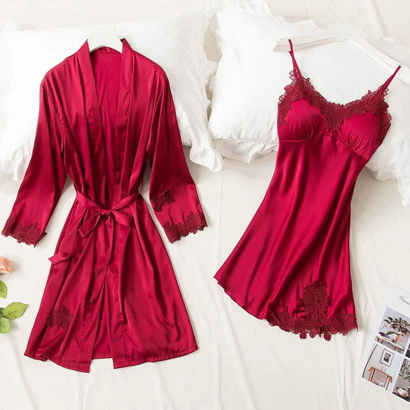 5PCS Robe Sleep Suit Pajamas Set Sexy Lace Stain Red Pajamas Women Silk Pyjamas Dressing Gown Summer Robe Sleepwear Chest Pads - Deanwangkt