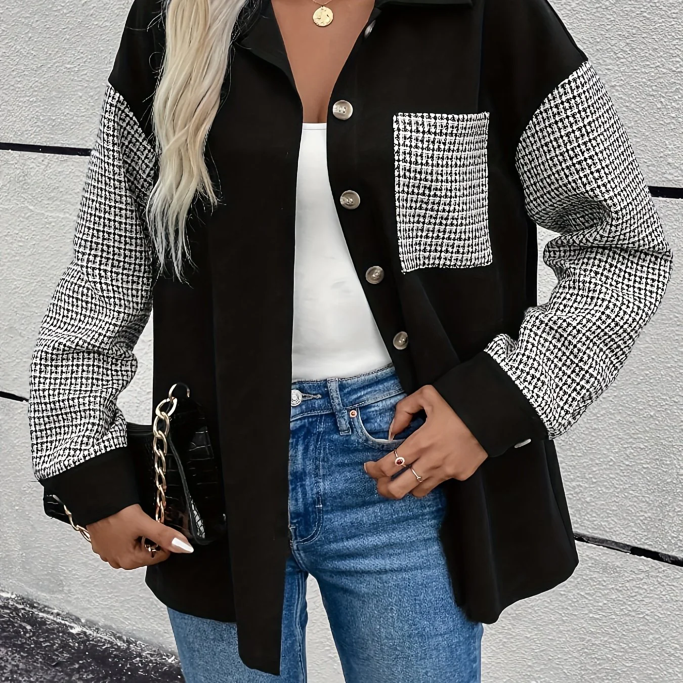 Color Block Button Front Jacket, Casual Long Sleeve Lapel Outwear For Spring & Fall, Women's Clothing - Deanwangkt