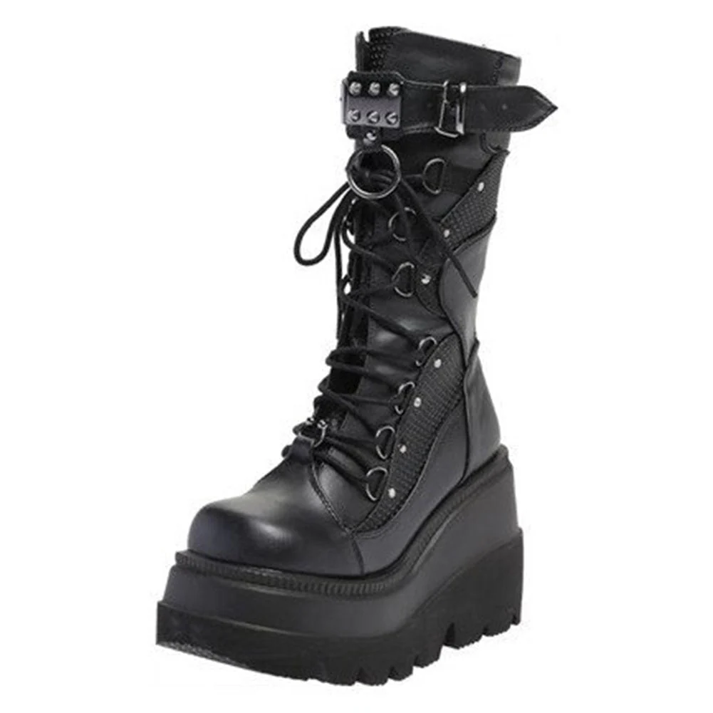 DEANWANGKT High Wedges Buckle Zipper Women Boots Punk Cool Street Thick Heel Shoeslace Autumn Ladies Shoes - Deanwangkt