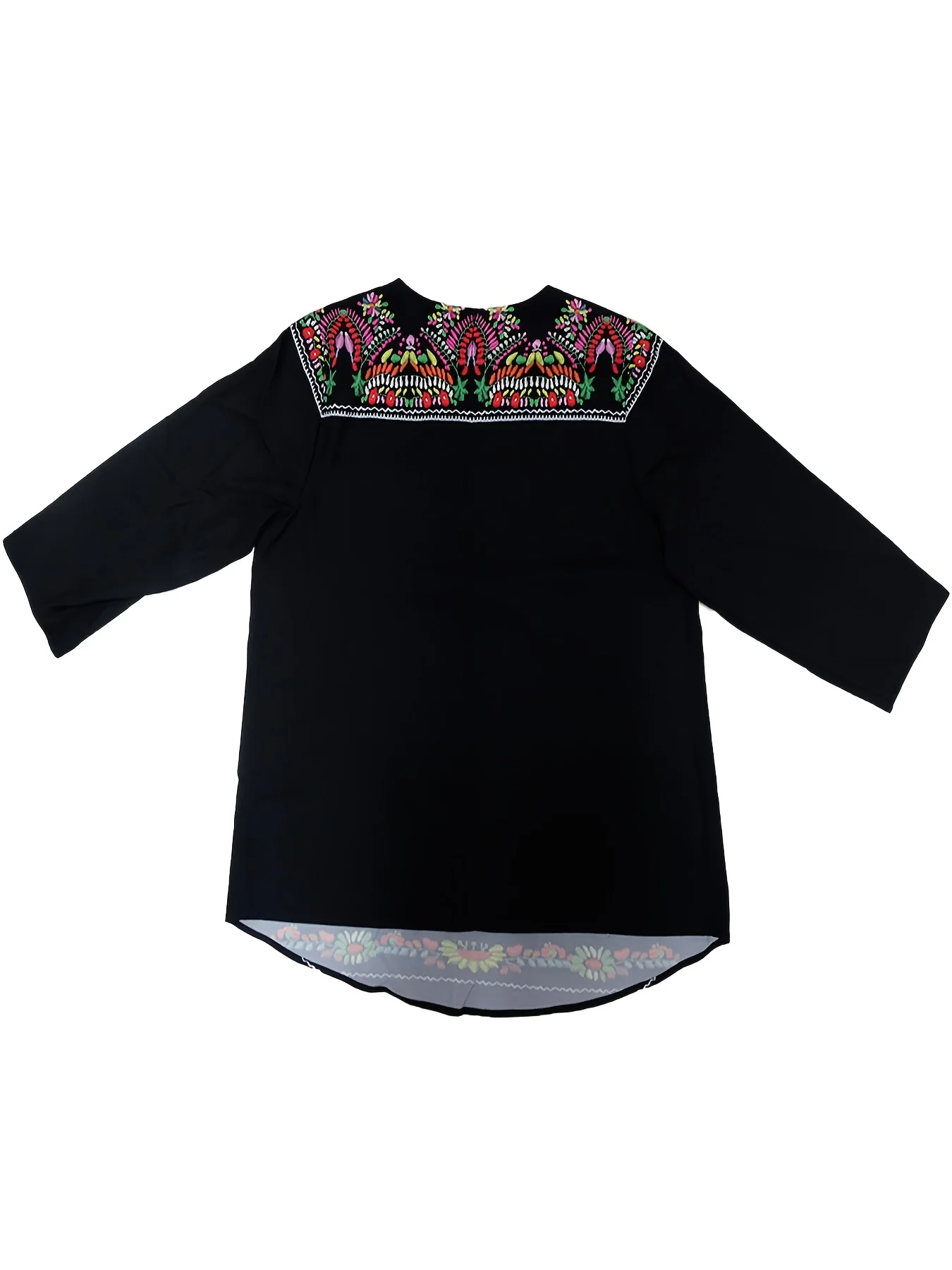 Plus Size Boho Blouse, Women's Plus Tribal Print Long Sleeve Round Neck Asymmetrical Hem T-shirt - Deanwangkt