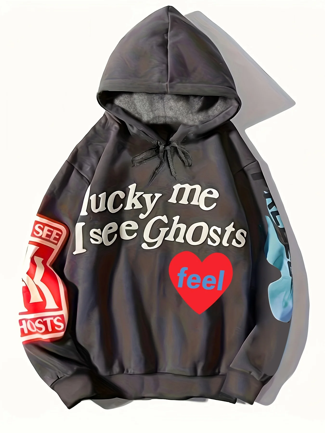 Lucky Me I See Ghosts Letter Graphic Casual Sports Sweatshirt For Halloween, Fashion Hip Hop  Pullover Hoodie, Women's Tops - Deanwangkt