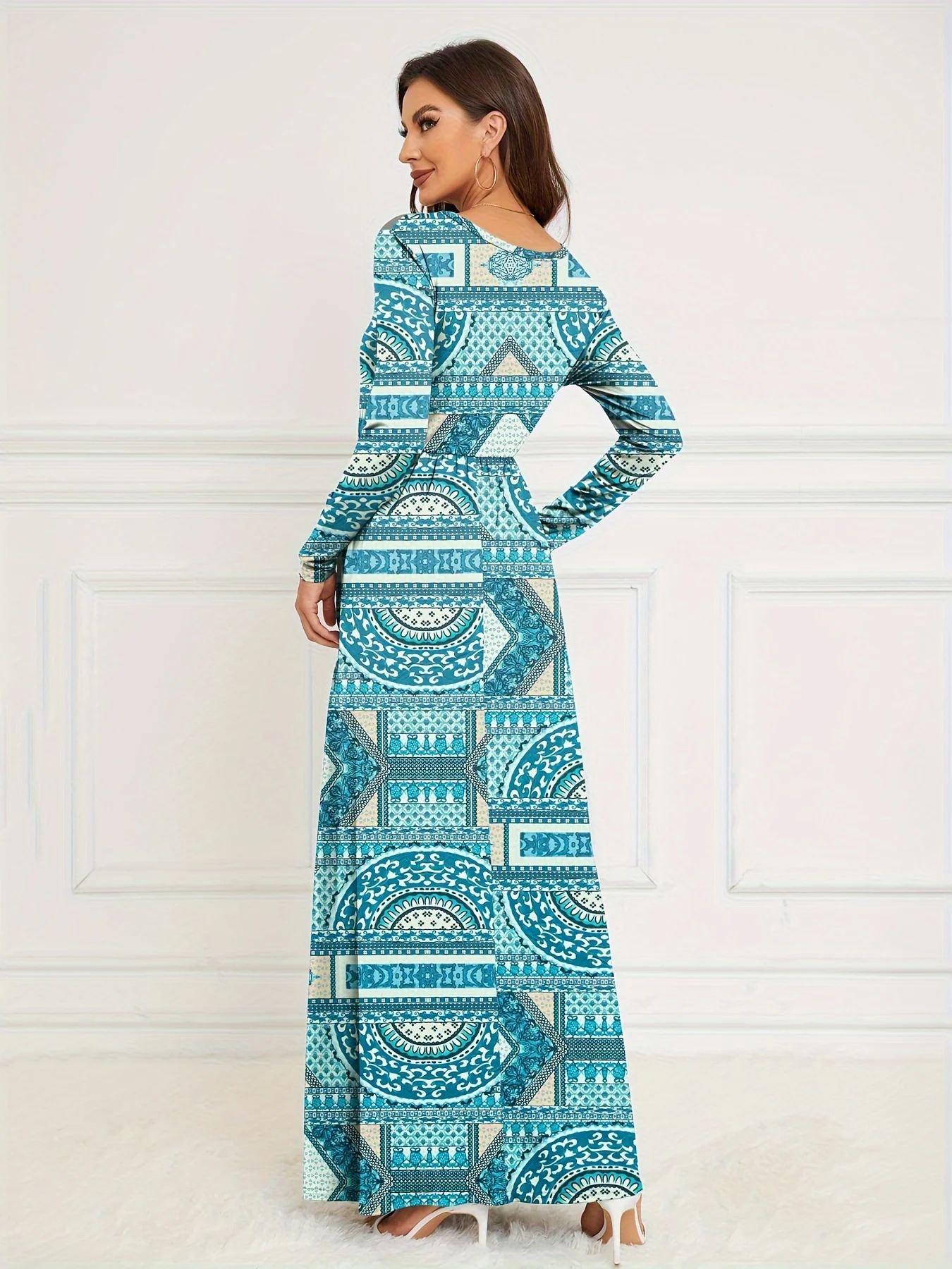 Geometric Print Crew Neck Dress, Elegant Long Sleeve Pleated Maxi Dress, Women's Clothing - Deanwangkt