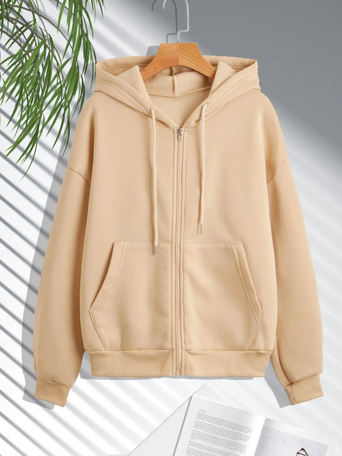 Women's Zip Up Casual Hoodie Solid Sweatshirt, Fashion Fall Long Sleeve Drawstring Hoodie - Deanwangkt