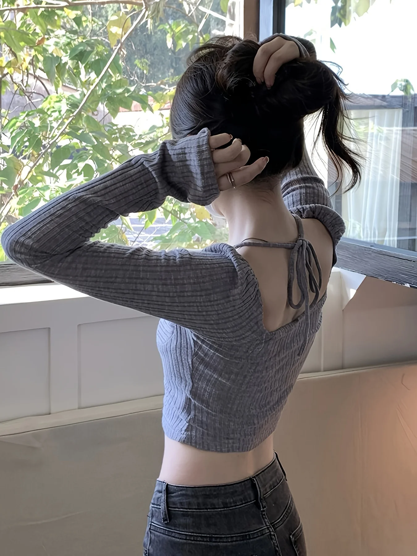 deanwangkt-1 Curved Hem Tie Front T-Shirt, Elegant Square Neck Crop Solid T-Shirt For Spring & Fall, Women's Clothing - Deanwangkt