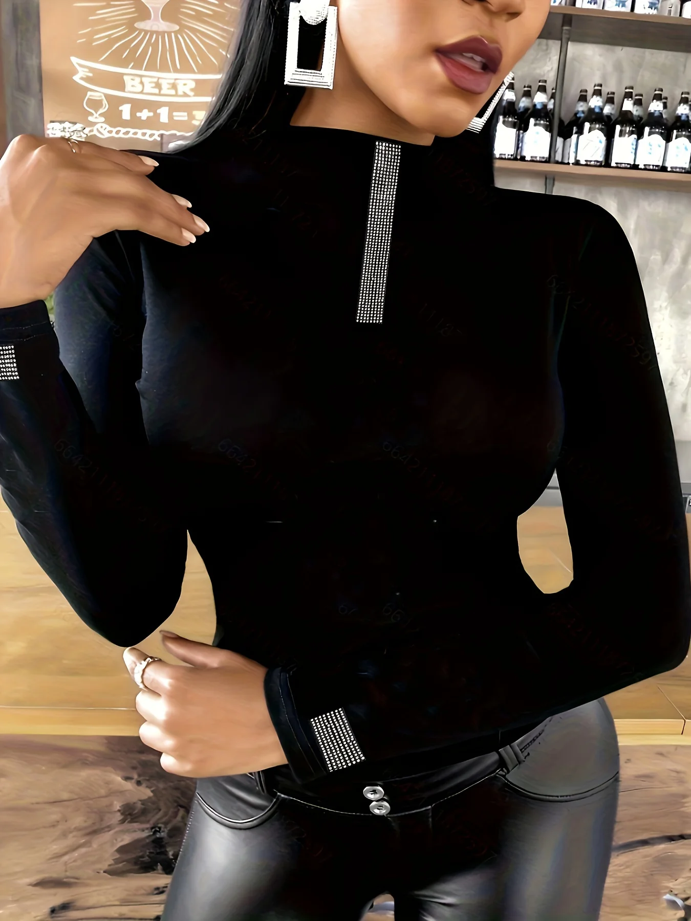 deanwangkt-1 Geometric Pattern Mock Neck T-Shirt, Casual Long Sleeve Top For Spring & Fall, Women's Clothing - Deanwangkt