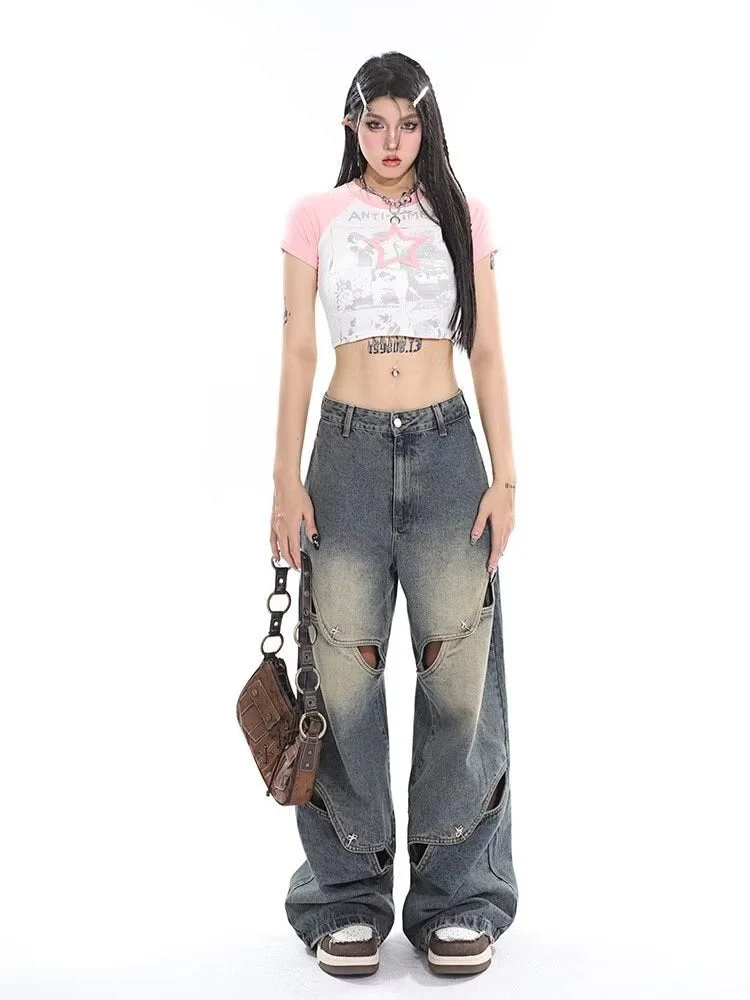 deanwangkt Small crowd deconstruction design sense jeans, high street wide leg pants, high-end floor long pants, trendy brand women's jeans - Deanwangkt