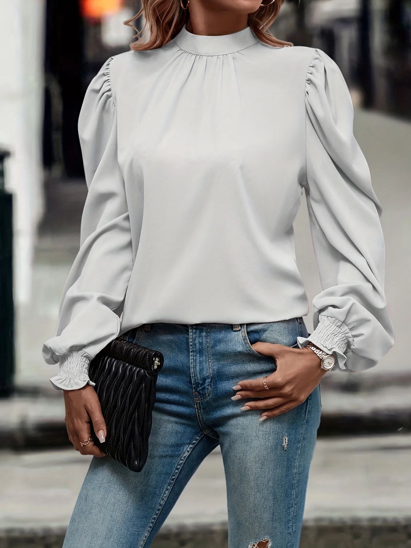 Mock Neck Puff Sleeve Blouse, Casual Solid Blouse For Spring & Fall, Women's Clothing - Deanwangkt