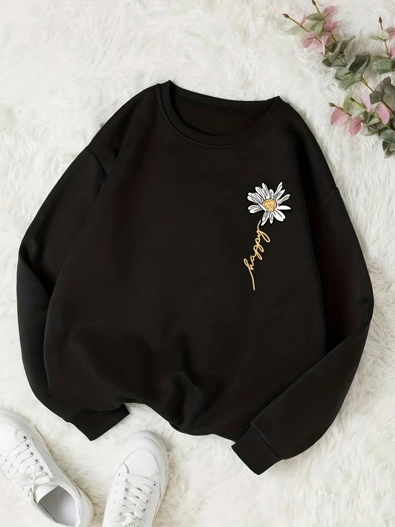 Flower Graphic Crew Neck Sports Sweatshirts, Long Sleeve Sports Pullover Top, Women's Sporty Sweatshirts - Deanwangkt