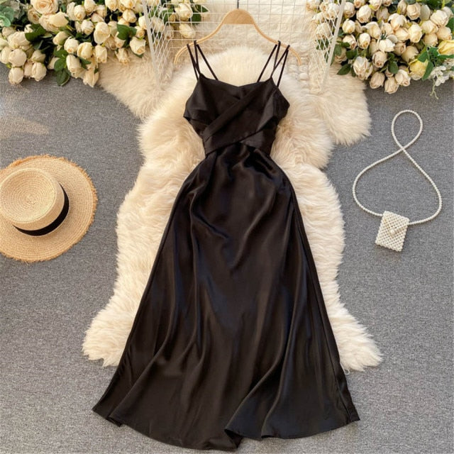 Women Sexy Satin Evening Dress Summer Off Shoulder High Waist Party Long Dresses Female Elegant Beach Robe Vestidos - Deanwangkt