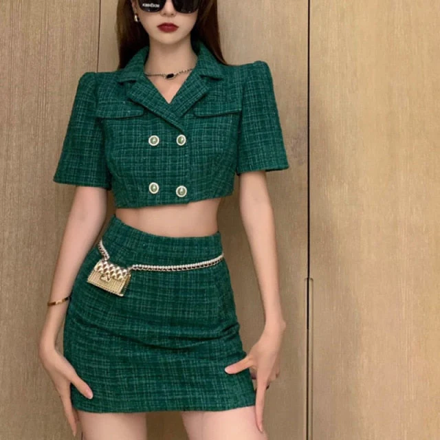 deanwangkt High Quality Fashion Elegant Tweed 2 Piece Set Women Short Jacket Coat Crop Top Mini Skirt Suits Small Fragrance Two Piece Set - Deanwangkt
