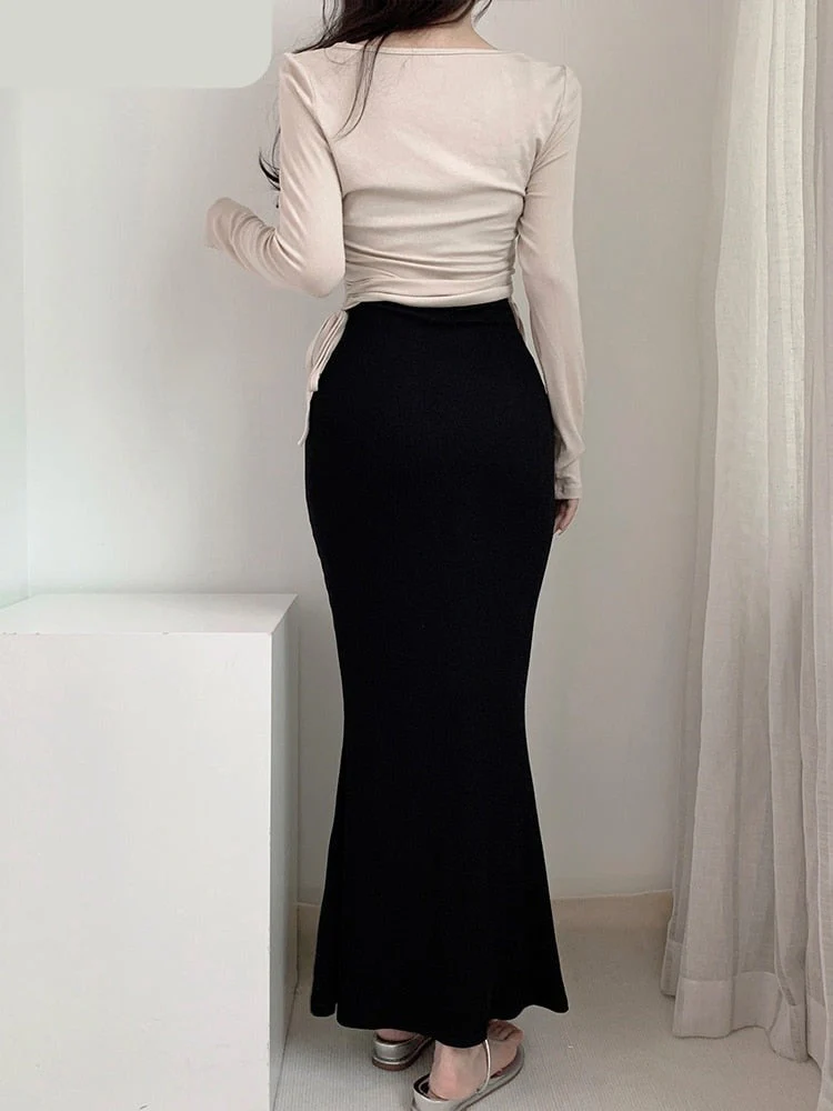 deanwangkt Sexy Slim Bodycon Dress Korean Style 2 Piece Sets Long Sleeve Drawstring Crop Top Maxi Dresses For Women Autumn - Deanwangkt