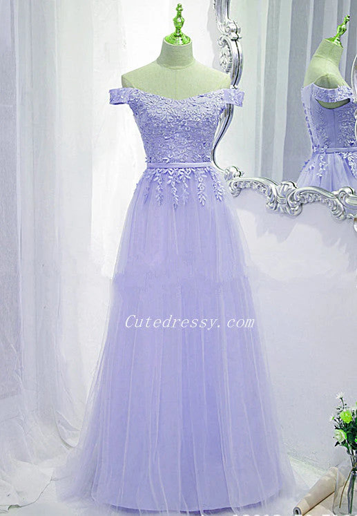 Solvbao Lavender Tulle Off Shoulder Party Dress with Lace Applique, A-line Tulle Prom Dresses - Deanwangkt