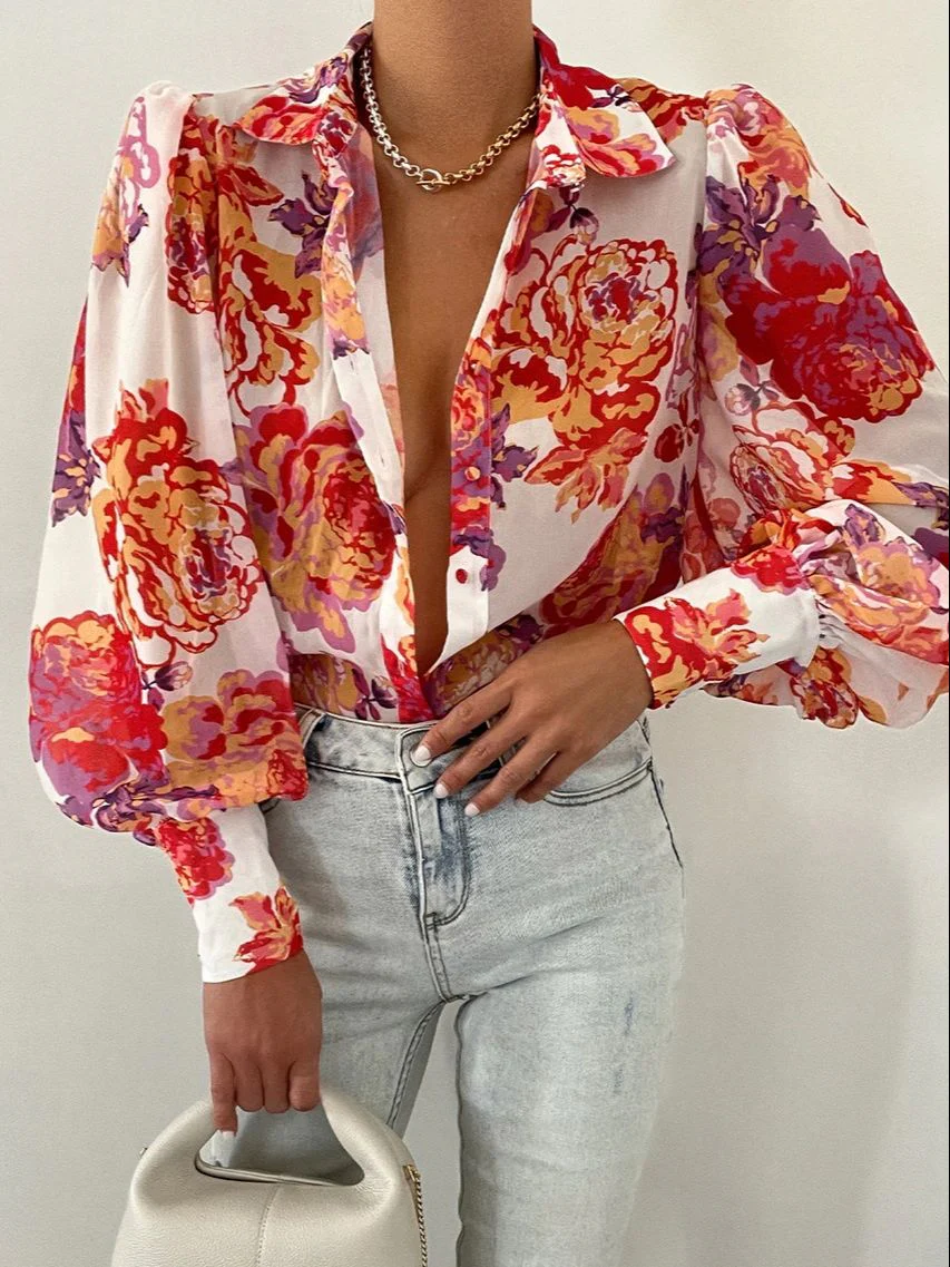 deanwangkt Spring Fashion Shirt Women's Blouses Elegant V-neck Print Puff Sleeve Office Shirts Female Summer New Formal Ladies Top - Deanwangkt