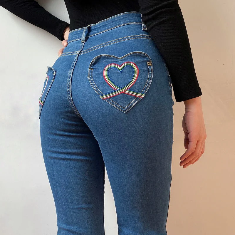 deanwangkt - Rainbow Love Heart Bell Bottom Jeans ~ HANDMADE - Deanwangkt