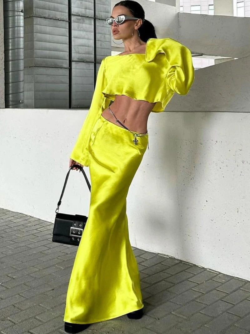 BACK TO COLLEGE   Autumn Diagonal Collar Long Sleeve Cropped T-shirts and Long Maxi Skirts Two Piece Sets for Women Party Dress Streetwear - Deanwangkt