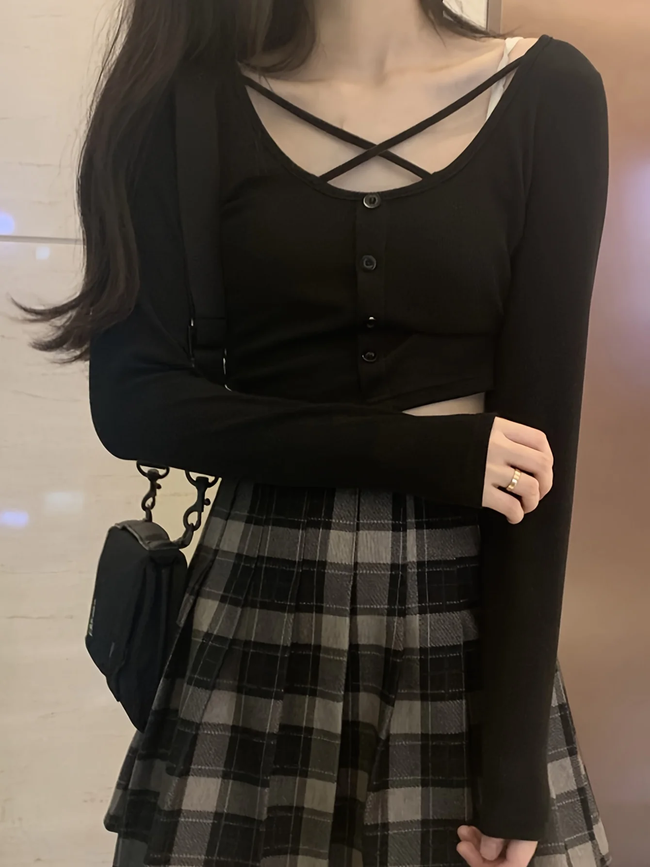 deanwangkt  Button Front Crisscross Crop T-Shirt, Casual Long Sleeve T-Shirt For Spring & Fall, Women's Clothing - Deanwangkt