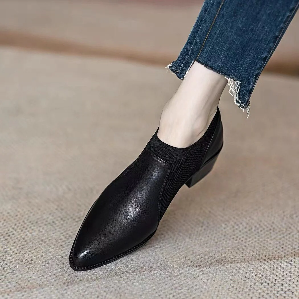 deanwangkt Autumn New Soft Work Shoes,Women Mid Heels,Stretch,Pointed Toe,Slip On British Style - Deanwangkt
