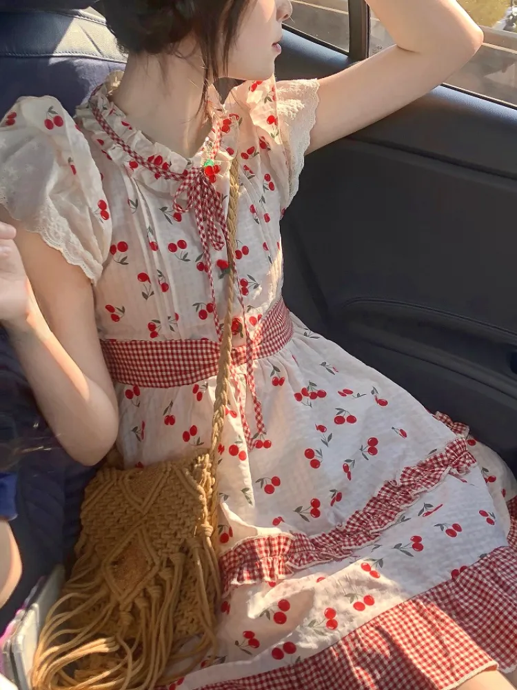 deanwangkt Summer Red Lolita Kawaii Dress Women Bow Sweet Princess Party Mini Dress Female Patchwork Korean Fashion Cherry Cute Dress - Deanwangkt