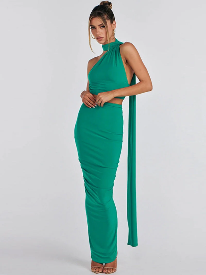 BACK TO COLLEGE  Elegant Women's Summer Two-piece Set Fashion Bandage Halter Crop Top High Waist Bodycon Skirts Evening Party Black Dress - Deanwangkt