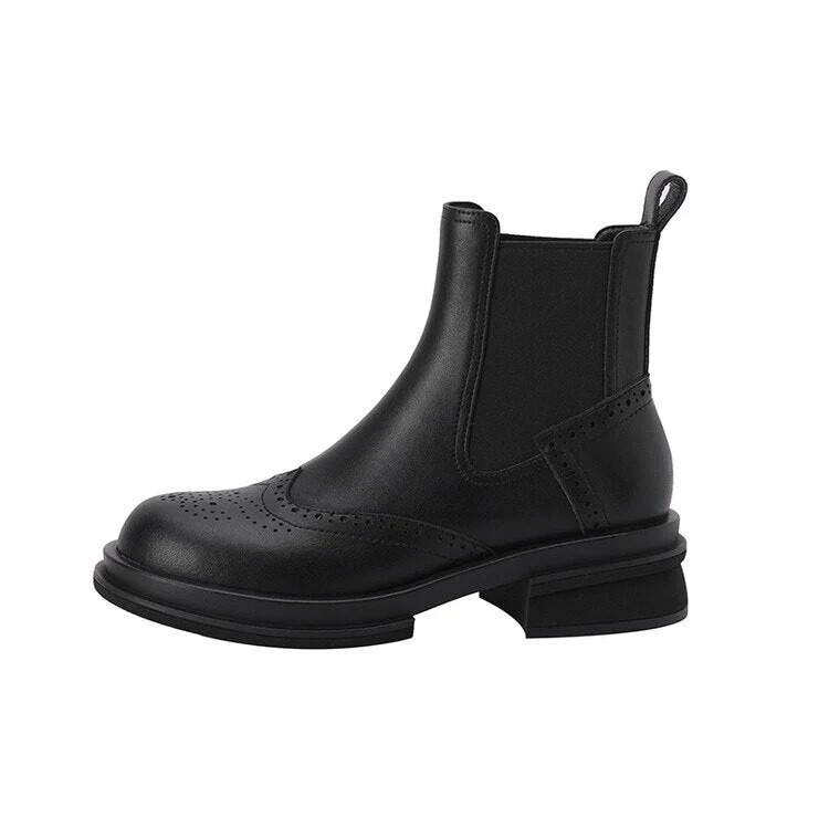 deanwangkt Autumn Boots  Women Shoes Round Toe Chelsea Boots for Women Split Leather Brogues Winter Chunky Heel Ankle Boots Black Motorcycle Boots - Deanwangkt