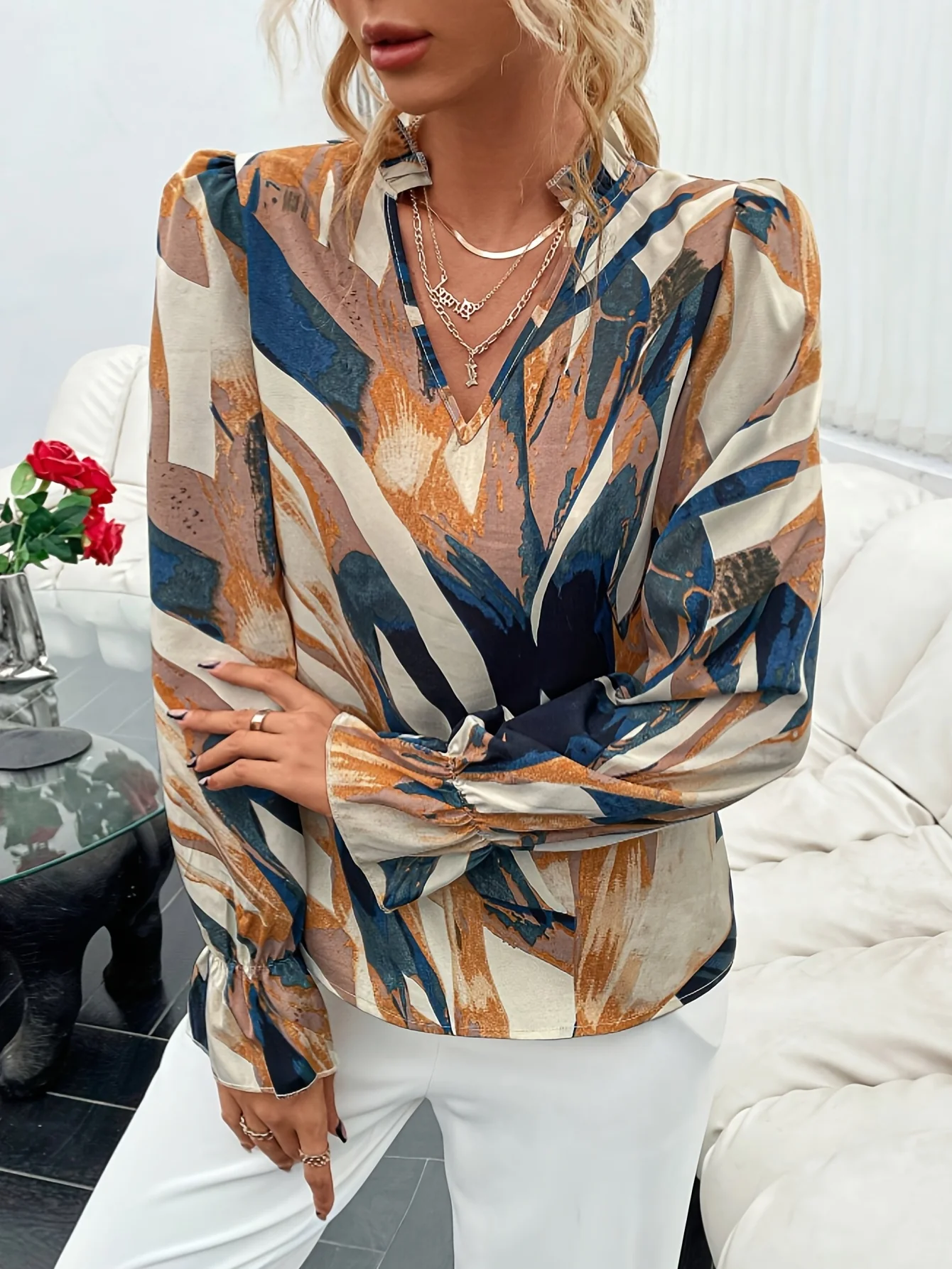 All Over Print V Neck Blouse, Elegant Long Sleeve Ruffle Trim Blouse, Women's Clothing - Deanwangkt