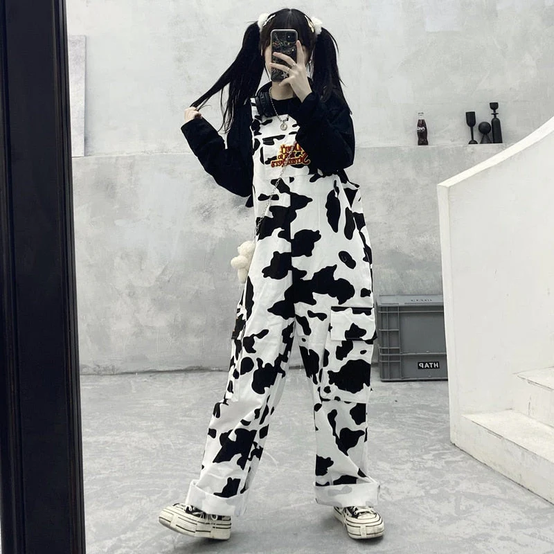 Street Hip-hop Harajuku Girl Cow Print Oneies For Women Black White Plaid Overalls Casual Jumpsuit Trousers Baggy Pants - Deanwangkt