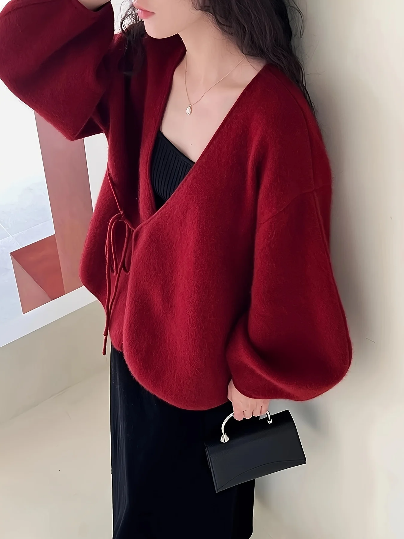 deanwangkt  Solid Tie Front V-neck Coat, Elegant Lantern Sleeve Drop Shoulder Loose Outwear, Women's Clothing - Deanwangkt