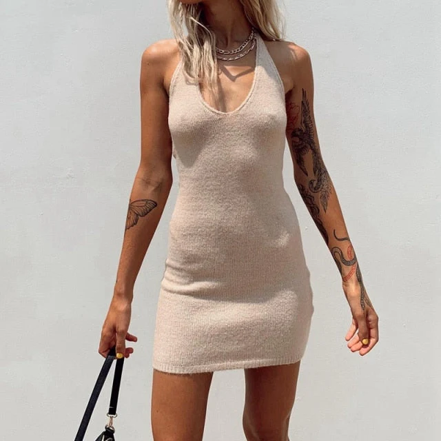Female Beach Knitted Bodycon Dress Chic Women Elegant Lady Backless Sleeveless Bandage Halter Sundress Summer Vacation Clothing - Deanwangkt