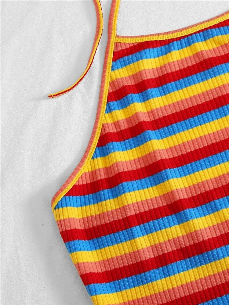 deanwangkt Rainbow Striped Rib Knit Crop Top Women Summer Y2K Clothes High Street Harajuku Backless Sleeveless Halter Cami Top - Deanwangkt