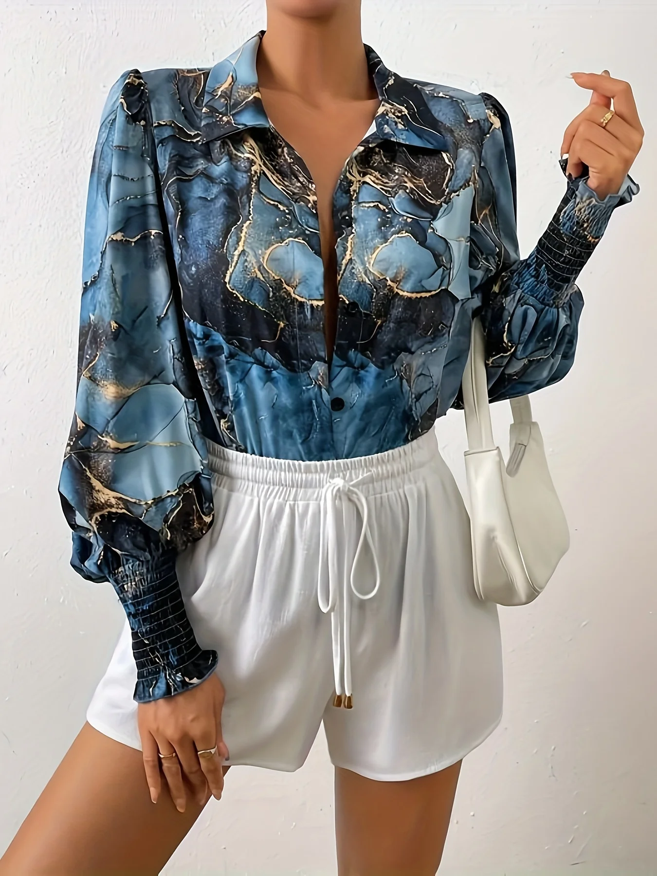 Plus Size elegant Blouse, Women's Plus Marble Print Lantern Sleeve Button Up Lapel Collar Shirt Top - Deanwangkt