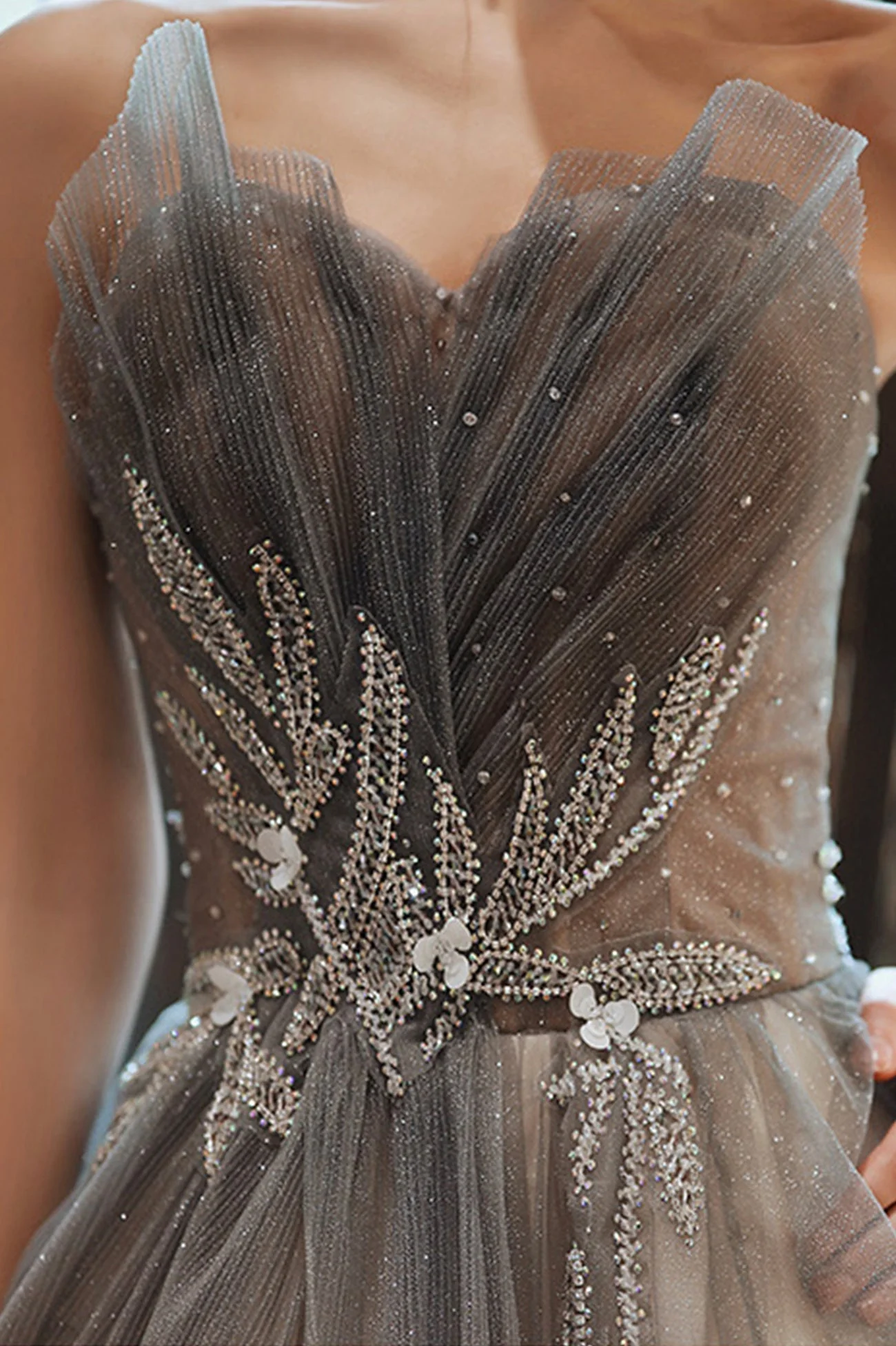 solvbao Gray Tulle Strapless Long Prom Dresses, A-Line Formal Evening Dresses - Deanwangkt