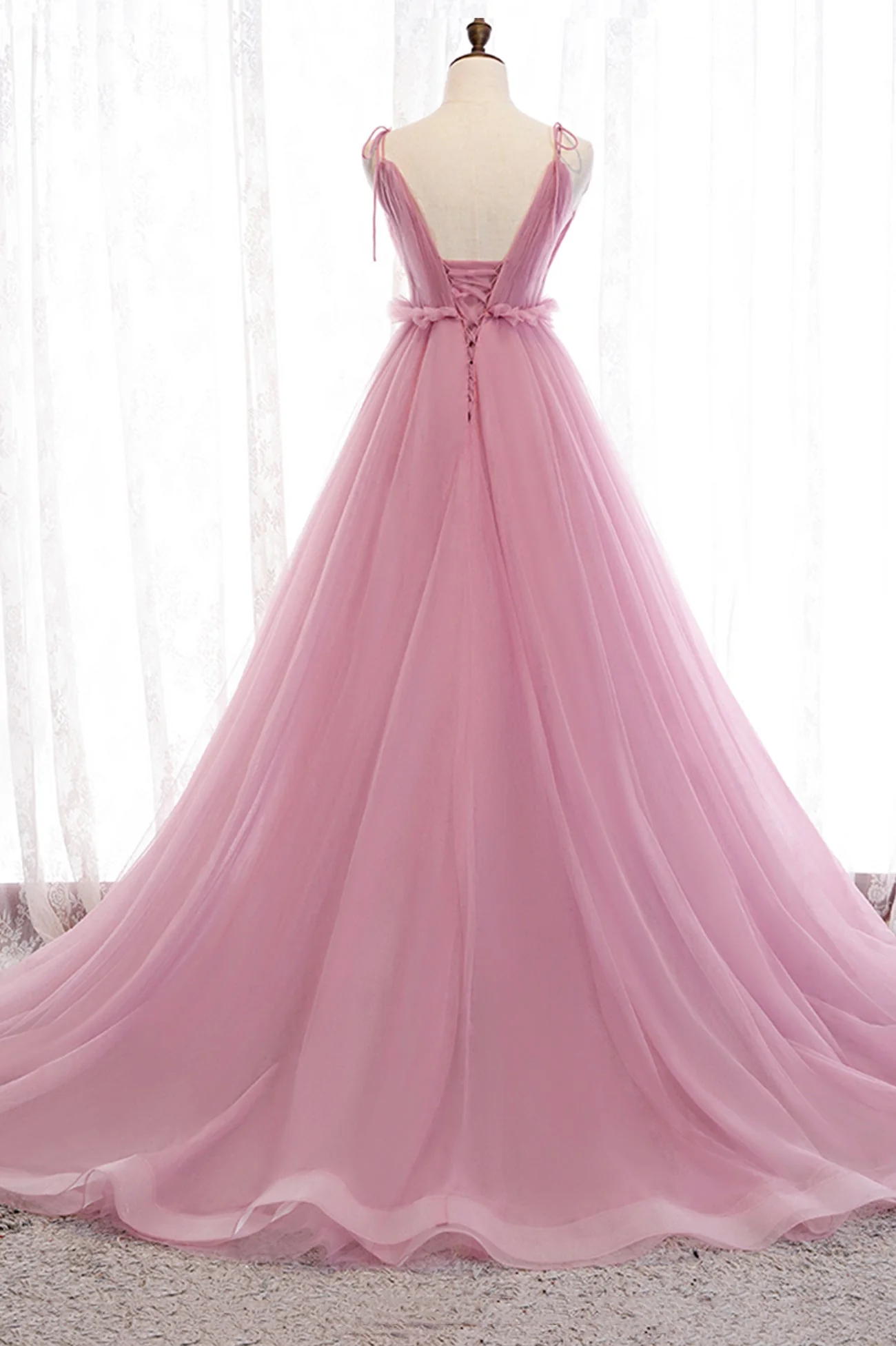solvbao Pink Tulle Long Prom Dresses, A-Line Evening Party Dresses - Deanwangkt