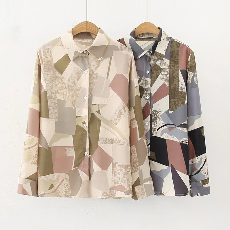 deanwangkt women Blouse Vintage geometric printing shirts  Spring Autumn Long Sleeve Shirt casual Blusas Mujer - Deanwangkt