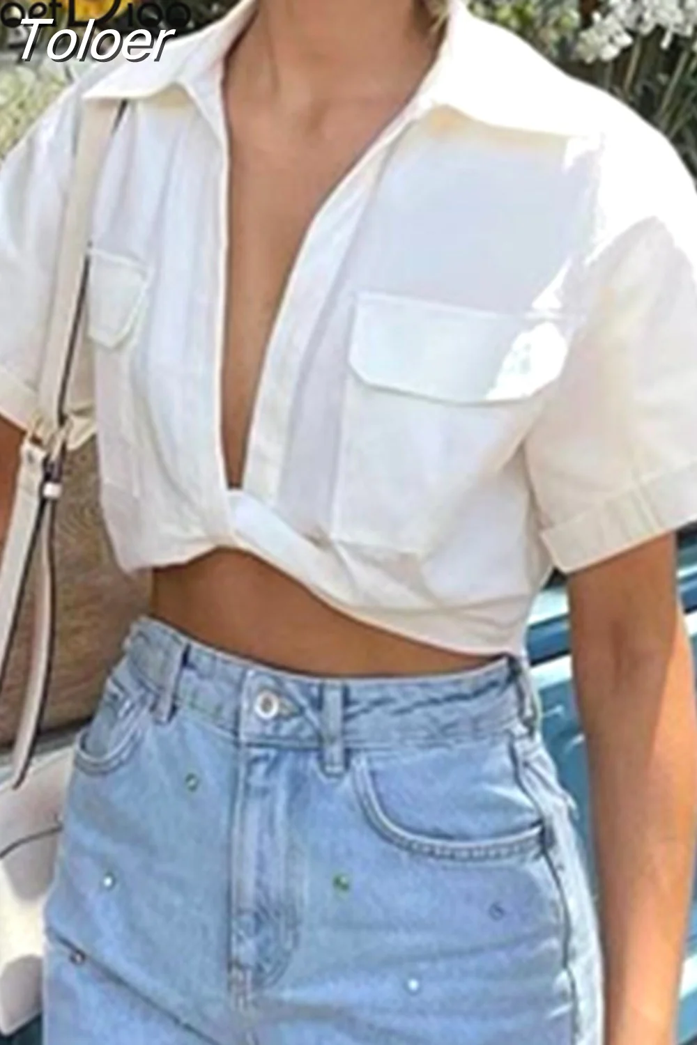 deanwangkt Lapel Short Sleeve Knot White Blouse Women Clothing Summer  Fashion Deep V-neck Shirts Ladies Tops Sexy Streetwear - Deanwangkt
