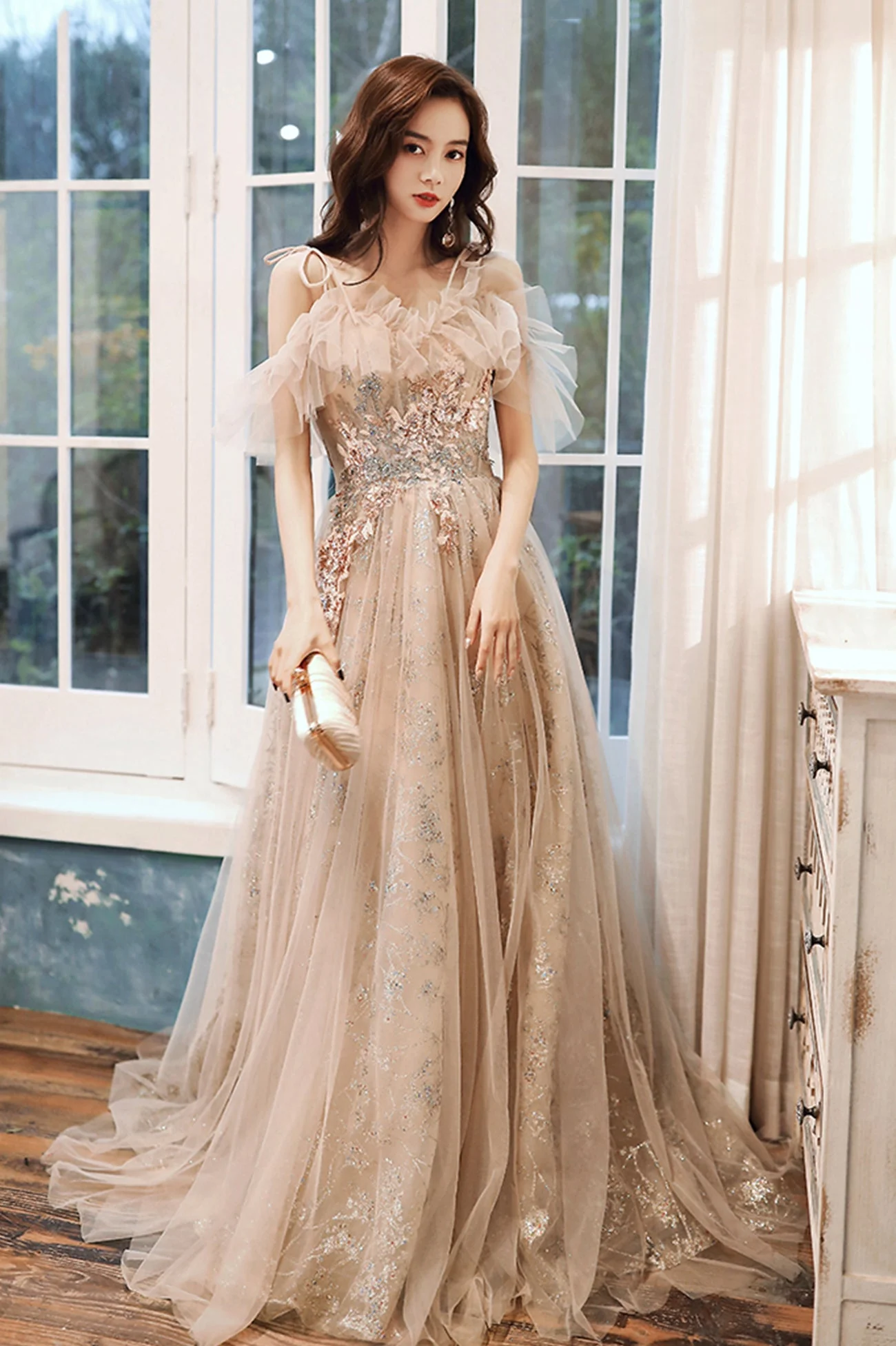 solvbao Champagne Tulle Sequins Long Formal Party Dresses, Off the Shoulder Prom Dresses - Deanwangkt