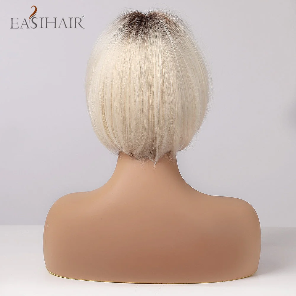 deanwangkt  Short Hair Wig With Bangs Pixie Cut Ombre Black Ash Light Blonde Synthetic Wigs For Women Cosplay Wigs Heat Resistant - Deanwangkt