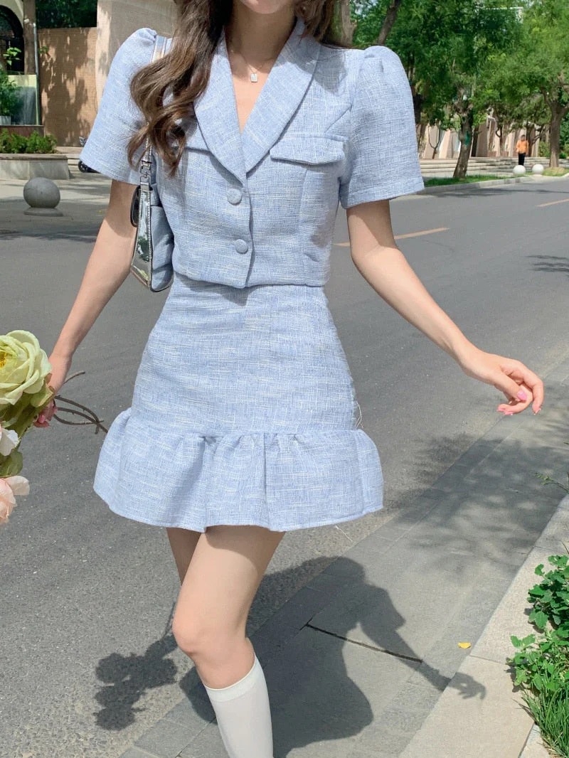 deanwangkt High Quality New Summer Fashion Korean Sweet Elegant 2 Piece Set Women Crop Top Shirt Blouse Mini Skirt Suits Two Piece Outfits - Deanwangkt