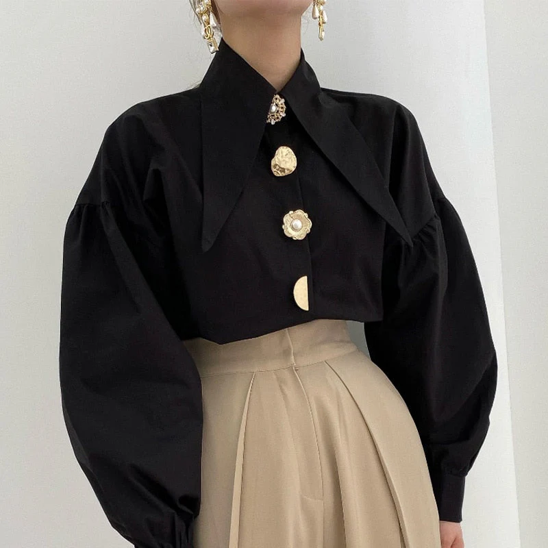 Korean Chic Pointed Neck Single Pearl Button White Shirt Lady Fashion Loose Puff Long Sleeve Blouse Casual Solid Tops for Women - Deanwangkt